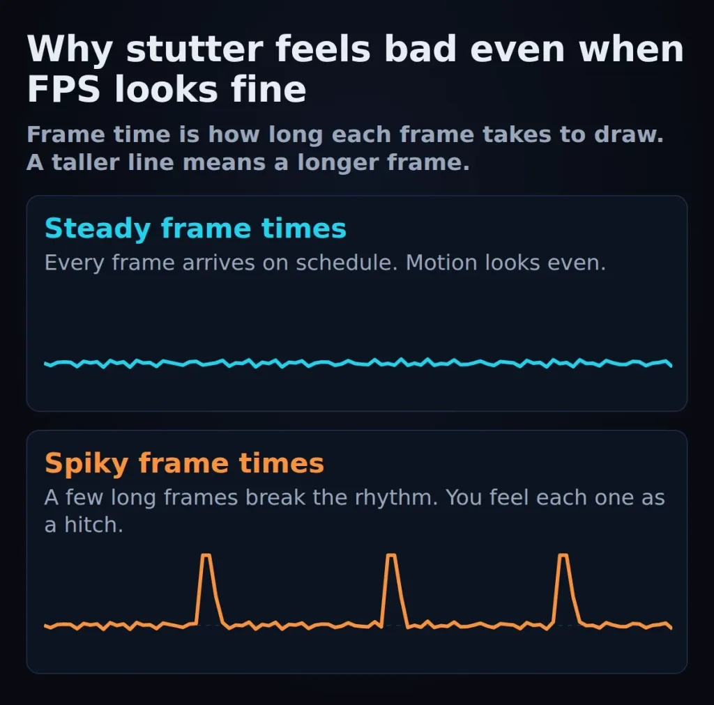 Two frame-time lines, one above the other: a steady cyan line and an orange line with three tall spikes